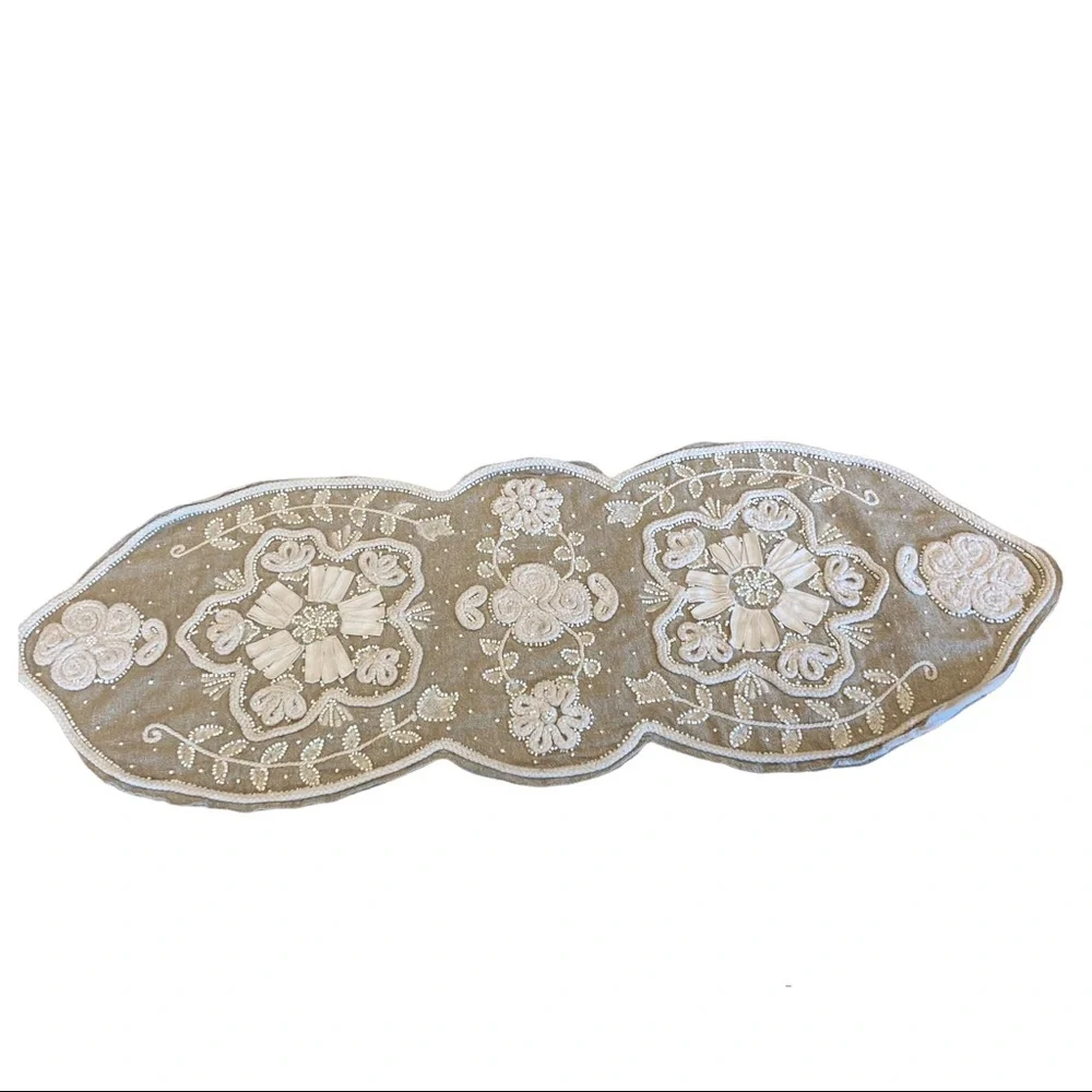 Pier 1 Table Runner‎ Beaded Embroidered Floral Tan 36.5” Long